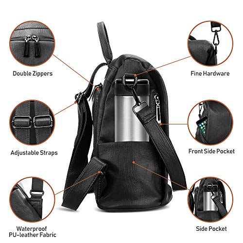 AtailorBird Mochila Antirrobo para Mujer Bolso Mochila Cuero de la PU Impermeable Bolso de Hombro Escolar Mochila Mujer Casual Viaje - Negro