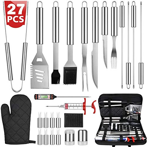 Aueide 27PCS Kit Utensilios Barbacoa, Accesorios Barbacoa para Camping - Prima Extra Grueso Acero Inoxidable Kit Barbacoa Accesorios con Termómetro y Carne (Funda de Tela Oxford …