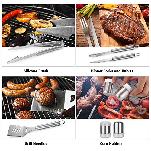 Aueide 27PCS Kit Utensilios Barbacoa, Accesorios Barbacoa para Camping - Prima Extra Grueso Acero Inoxidable Kit Barbacoa Accesorios con Termómetro y Carne (Funda de Tela Oxford …