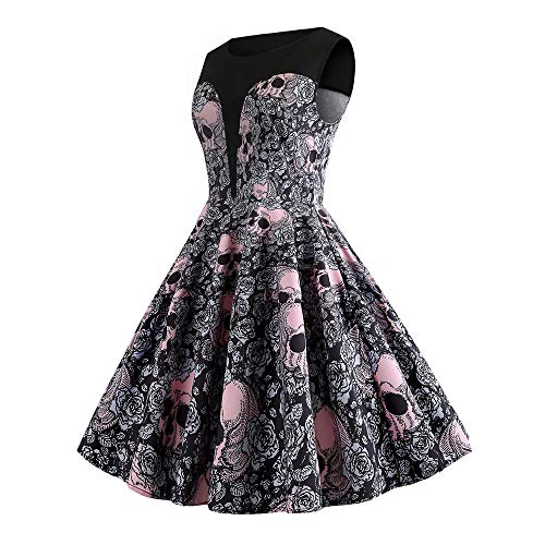 Auifor La Flor sin Mangas disimulado de impresión Vestido O-Cuello Floral del cráneo de Halloween de Halloween Vestido de Fiesta Retro Imprimir