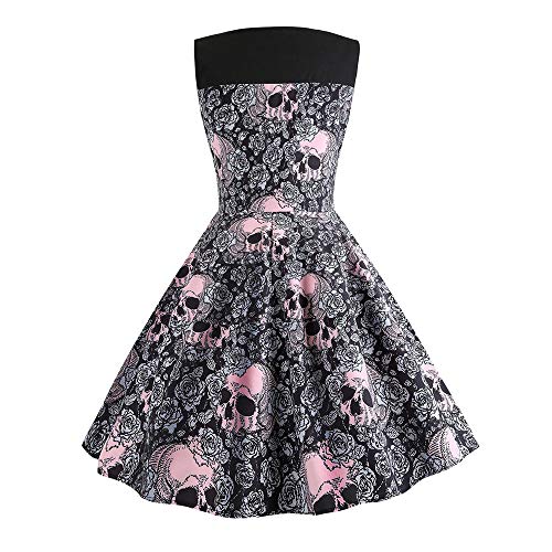 Auifor La Flor sin Mangas disimulado de impresión Vestido O-Cuello Floral del cráneo de Halloween de Halloween Vestido de Fiesta Retro Imprimir