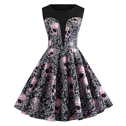 Auifor La Flor sin Mangas disimulado de impresión Vestido O-Cuello Floral del cráneo de Halloween de Halloween Vestido de Fiesta Retro Imprimir