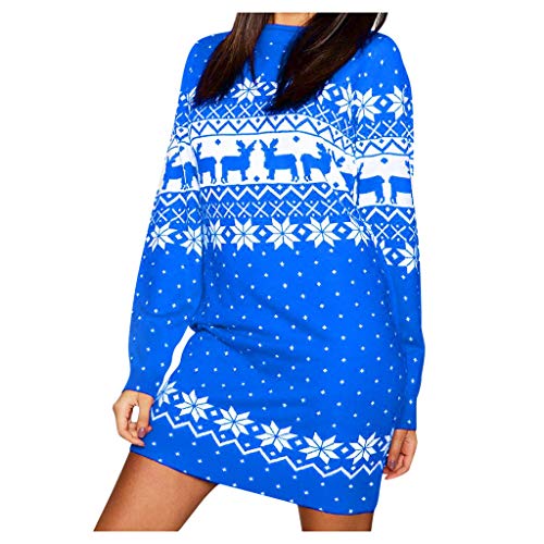 Auifor Minivestido de Copo de Nieve de Manga Larga con Estampado de Alces de Navidad para Mujer（Azul/Small）