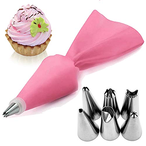 AukCherie Boquillas para repostería, 8 Piezas, de Acero Inoxidable, 6 boquillas, 1 Bolsillo para repostería, 1 acoplador, DIY Kits para decoración de Tartas (Pink2)