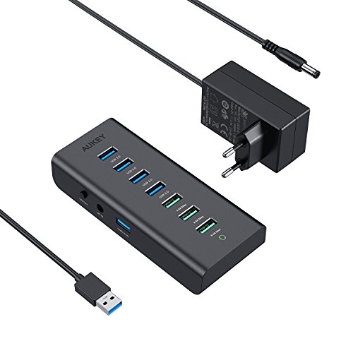 AUKEY Hub USB 4 Puertos USB 3.0 y 3 Puertos de Carga con Adaptador de Corriente 36W Hub USB 3.0 para Windows XP/Vista / 7/8, Mac OS, Linux, etc.