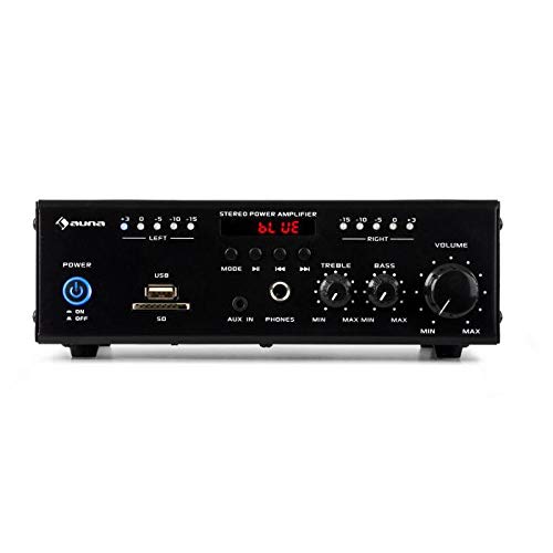 auna Amp4 BT - Amplificador de Equipo estéreo , Amplificador Hi-Fi , Entrada USB , Mando a Distancia , Pantalla LED , Bluetooth V2.0 , Ecualizador 2 Bandas , 2x25 W , Lector Tarjetas SD/MMC , Negro