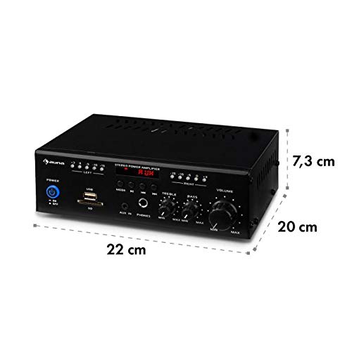 auna Amp4 BT - Amplificador de Equipo estéreo , Amplificador Hi-Fi , Entrada USB , Mando a Distancia , Pantalla LED , Bluetooth V2.0 , Ecualizador 2 Bandas , 2x25 W , Lector Tarjetas SD/MMC , Negro