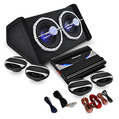 Auna Black Line 500 Equipo de Sonido HiFi para Coche (Amplificador 6 Canales 5000W, 1x subwoofer Doble 2000W, 4X Altavoz 6.5" 800W, Set Cables)