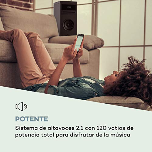 auna Karaboom 100 WiFi - Equipo de Altavoces 2.1, Altavoz de Torre con WiFi, Radio con Internet, Radio Dab, Dab+ y FM, Bluetooth, Reproductor de CD, Pantalla HCC, 120 W de Potencia, Negro