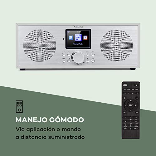 auna Silver Star - Radio estéreo con Internet Dab+ / FM, WiFi, Bluetooth, Potencia de 2 x 8 W RMS, USB, Control por móvil, AUX, Función Despertador, Mando a Distancia, Pantalla HCC 2,8'', Blanco