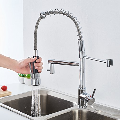 AuraLum Grifo de Cocina Profesional Caño Curvo Extraíble, Mezclador de Fregadero con 2 Salidas, Latón Cromado