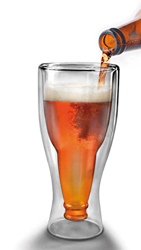 Autek Conjunto de 2 de Vasos de cerveza con doble cristal pared, diseño botella de cerveza, en 330ml