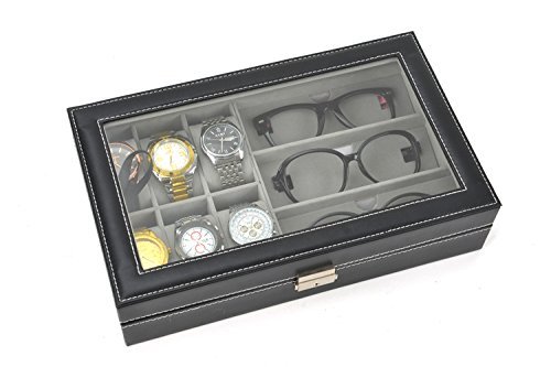 AUTOARK - Caja de cuero para 6 relojes, caja de joyería y 3 piezas de almacenamiento de lentes y gafas de sol, organizador de vitrina, color negro, AW-004