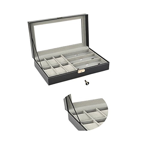 AUTOARK - Caja de cuero para 6 relojes, caja de joyería y 3 piezas de almacenamiento de lentes y gafas de sol, organizador de vitrina, color negro, AW-004