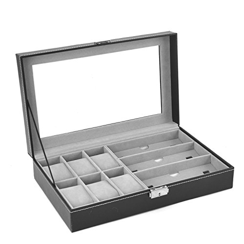 AUTOARK - Caja de cuero para 6 relojes, caja de joyería y 3 piezas de almacenamiento de lentes y gafas de sol, organizador de vitrina, color negro, AW-004