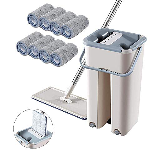 Autoclean Mop, Sistema De Limpieza con Fregona Y Cubo, Almohadillas De Mopa De Fibra Plana Trapeador De Microfibra, para la Limpieza del Hogar (1 Barrel +1 mop + 8pcs Cloth)