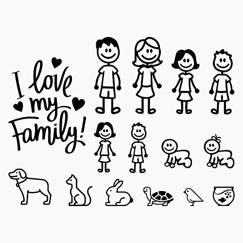 Autodomy Pegatinas Familia Feliz Pack de 15 Adhesivos Calcomanias Stickers para Coche (Negro)