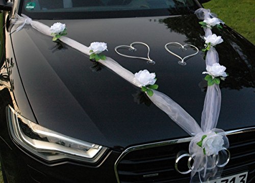 Autoschmuck Decoración para Coche (Tela de Organza con Rosas de ratán y Corazones) para Coches de Novios (Blanco Puro y Blanco)