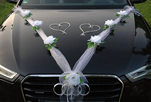 Autoschmuck Decoración para Coche (Tela de Organza con Rosas de ratán y Corazones) para Coches de Novios (Blanco Puro y Blanco)