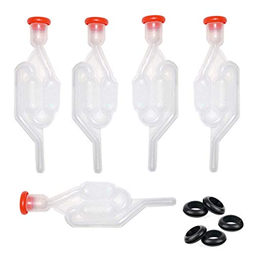 Aweisile Tubo de Fermentación 5 Piezas Airlock Fermentacion Válvula Antirretorno Desague de Escape 10mm Transparente con 5 Piezas de tapón para Kit de Vino de Fermentación Casera