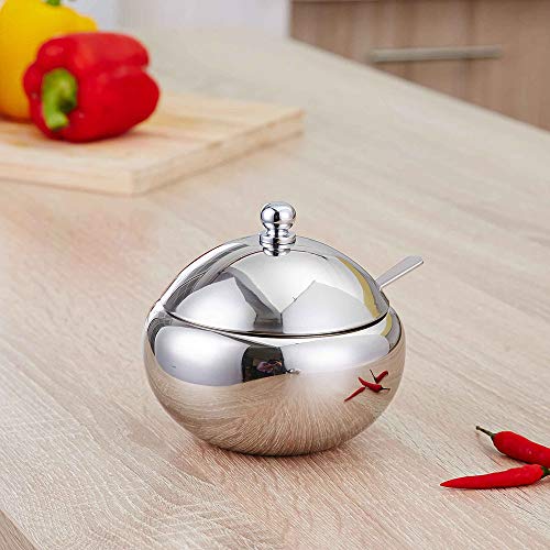 Azúcar Bowl, 304 tarros de especias de acero inoxidable para condimentos para el hogar, lata de metal, recipiente de condimento con tapa y cuchara para sal azúcar, café y té hierbas (L)