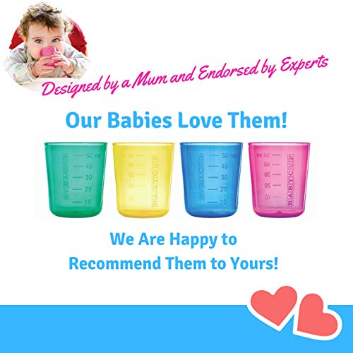 Babycup Primer Vaso - taza de aprendizaje para bebés y niños 4m+, sippy cup abierta graduada y transparente, 100% reciclable y libre de BPA, capacidad de 50ml, set de 4, (verde)