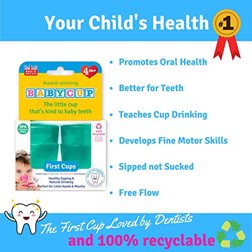 Babycup Primer Vaso - taza de aprendizaje para bebés y niños 4m+, sippy cup abierta graduada y transparente, 100% reciclable y libre de BPA, capacidad de 50ml, set de 4, (verde)