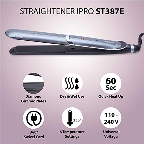 BaByliss IPro Slim ST387E – Plancha de pelo iónica, placas profesionales de cerámica para cabello húmedo y seco, calentamiento instantáneo, 6 temperaturas 140º - 235º