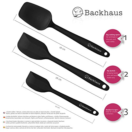 BACKHAUS Espátulas de silicona antiadherente - Utensilios de Concina sin BPA con núcleo fuerte de acero inoxidable (Negro)