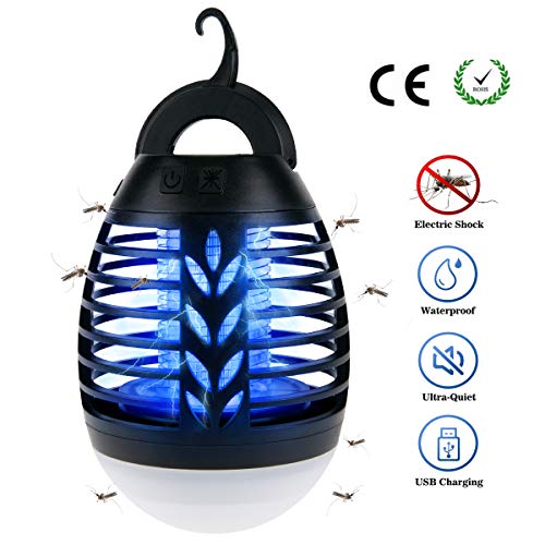 BACKTURE Lámpara Antimosquitos, IPX6 Impermeable 2 en 1 Linterna de Camping, Electrico Repelente Mosquito Insectos con 2200mAh Recargable USB y 3 brillo de Luz para Camping, Jardin, La pesca (S)