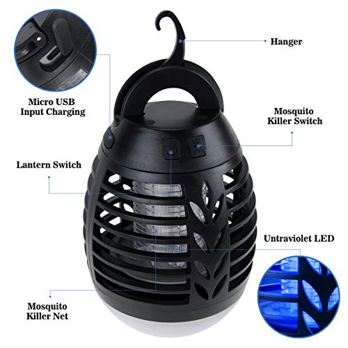 BACKTURE Lámpara Antimosquitos, IPX6 Impermeable 2 en 1 Linterna de Camping, Electrico Repelente Mosquito Insectos con 2200mAh Recargable USB y 3 brillo de Luz para Camping, Jardin, La pesca (S)