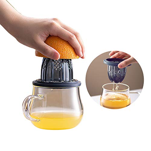 Baffect Exprimidor manual de exprimidores de limón con tazas de vidrio 400 ml, prensa de mano 2 en 1 Exprimidor de lima cítrico naranja Taza de té multifuncional con infusor y tapa para té (azul)