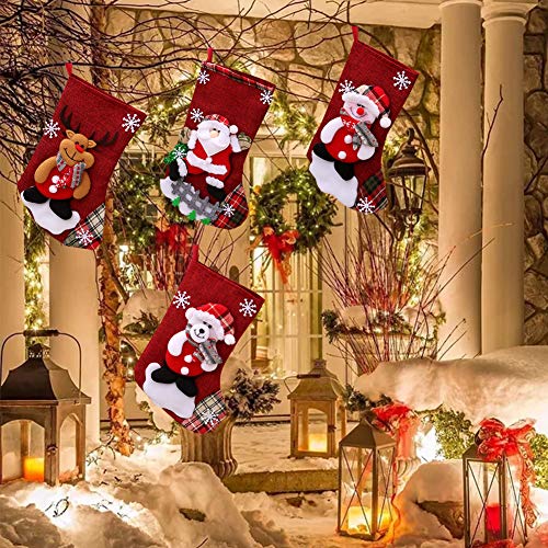 BAIBEI 4Pcs Medias de Navidad, Christmas Stocking Calcetines, Decoración Navideña Caramelo Regalo Bolsa Santa Claus, Muñeco de Nieve Reno Oso