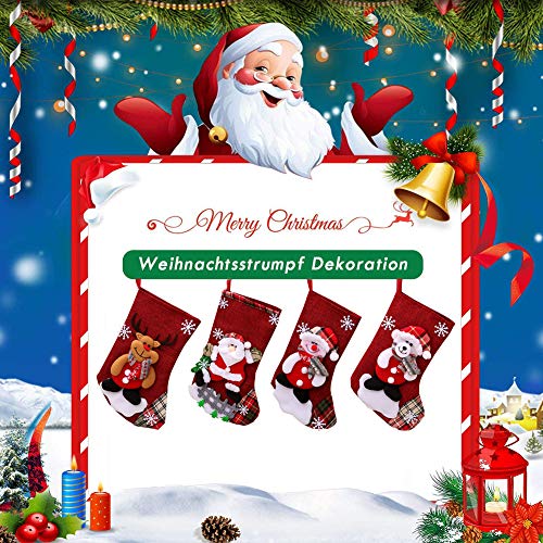 BAIBEI 4Pcs Medias de Navidad, Christmas Stocking Calcetines, Decoración Navideña Caramelo Regalo Bolsa Santa Claus, Muñeco de Nieve Reno Oso