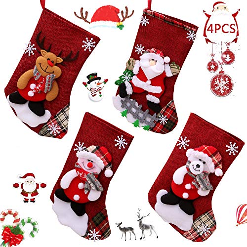 BAIBEI 4Pcs Medias de Navidad, Christmas Stocking Calcetines, Decoración Navideña Caramelo Regalo Bolsa Santa Claus, Muñeco de Nieve Reno Oso