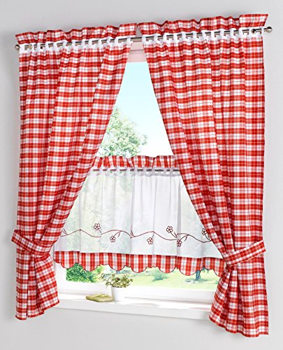 BAILEY JO Visillo con Rejilla Bordado Bistro Cortina Voile Transparente Cortina, Rot 2pc, HxB 145x80cm