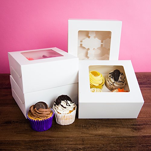 Bakewell's Cake Boxes 10 Cajas para Cupcakes Color Blanco, Papel Brillante Espacio para 4 Cupcakes Paquete de 10