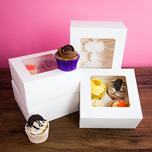 Bakewell's Cake Boxes 10 Cajas para Cupcakes Color Blanco, Papel Brillante Espacio para 4 Cupcakes Paquete de 10