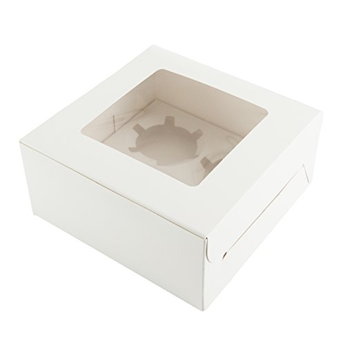 Bakewell's Cake Boxes 10 Cajas para Cupcakes Color Blanco, Papel Brillante Espacio para 4 Cupcakes Paquete de 10