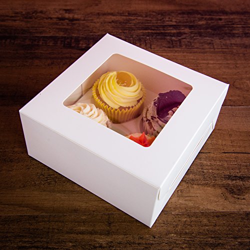 Bakewell's Cake Boxes 10 Cajas para Cupcakes Color Blanco, Papel Brillante Espacio para 4 Cupcakes Paquete de 10