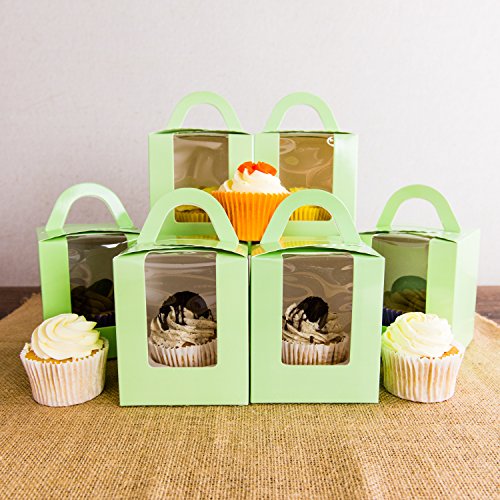 Bakewell's Cake Boxes 10 Cajas para Cupcakes Individuales en Color Verde con Mango y Ventana Caja de Regalo Individual Grande y Resistente de 9.5cm x 9.5cm x 11cm Soporte para Cupcakes (10 unidades)