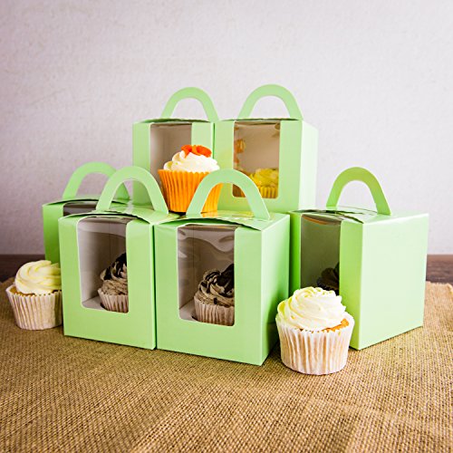 Bakewell's Cake Boxes 10 Cajas para Cupcakes Individuales en Color Verde con Mango y Ventana Caja de Regalo Individual Grande y Resistente de 9.5cm x 9.5cm x 11cm Soporte para Cupcakes (10 unidades)