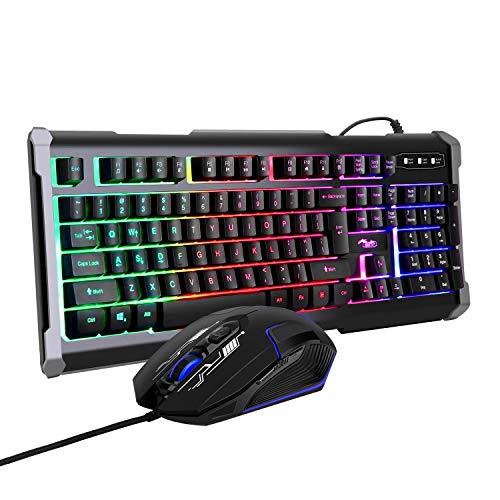 BAKTH Teclado y Ratón para Juegos, Color del Arco Iris USB LED Retroiluminada del Gaming Teclado y Ratón con 4000 dpi,Mecánico Similar Teclado para Gamer o Oficina