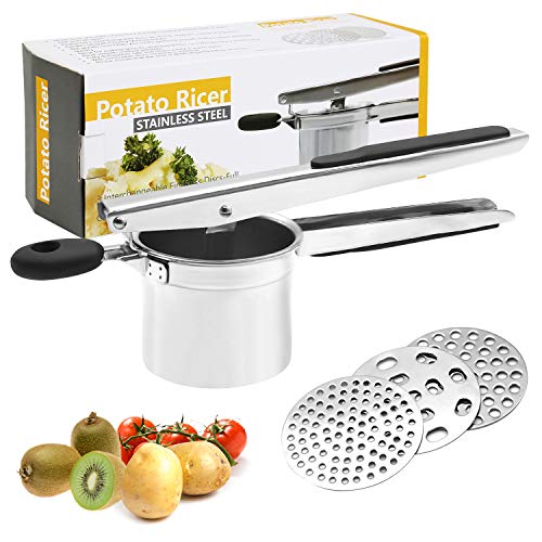 Ballery Machacador de Patatas, Prensa Patatas para Vegetales De Frutas con 3 Discos, Stainless Steel Potato Ricer