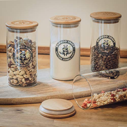 Bamboo Craft Juego de 4 tarros de vidrio borosilicato con tapa hermética de bambú - Práctico y original - Tarro de conservación de alimentos | Tarro de conservación de alimentos - 1000ml