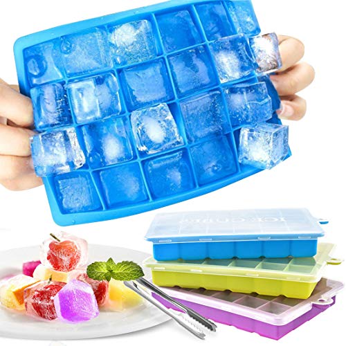 Bandejas para Hielo Silicona con Tapa, Juego de 3 Cubitera Hielo Silicona con 1 Pinza, Molde Cubo Hielo 2.5 * 2.5 cm, Ice Mold para Congelarse Alimentos para Bebés Agua Cola Whisky