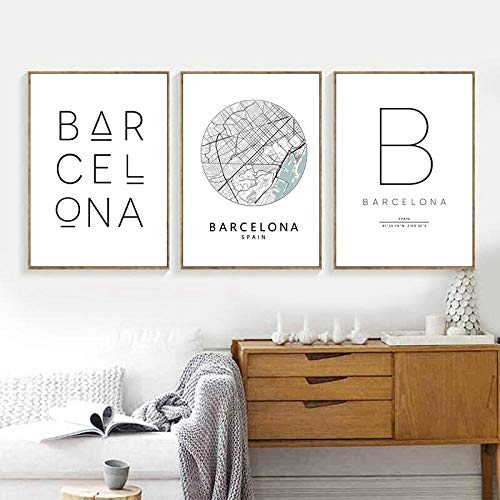 Barcelona Print City Map Poster Barcelona Tipografía Modern Wall Art Canvas Painting Print Spanish Scandi Nordic Home Decor 40x60cmx3 sin Marco