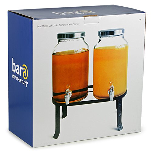 bar@drinkstuff - Dispensador de bebidas doble estilo jarra Mason con soporte, 10 l, para zumos, cócteles, etc.