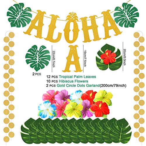 Bascolor 77 Piezas Aloha Hawaiano Tropical Decoración Aloha Bandera Puntos Guitarra Globos Hawaianos Pajitas de Papel Cupcake Topper Palma Tropical Flores Hibiscus Luau Fiesta Hawaiana Decoracion