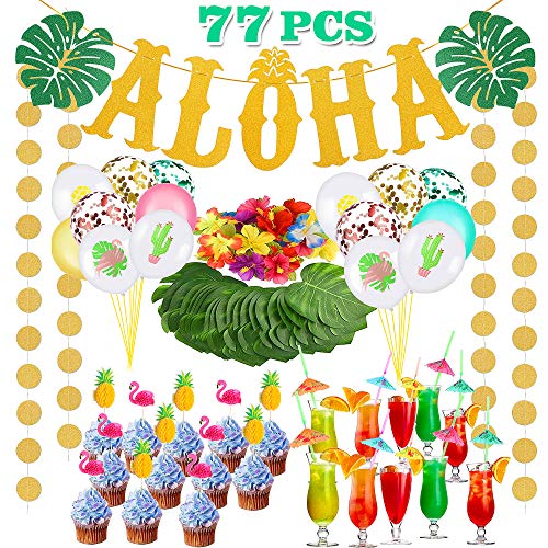Bascolor 77 Piezas Aloha Hawaiano Tropical Decoración Aloha Bandera Puntos Guitarra Globos Hawaianos Pajitas de Papel Cupcake Topper Palma Tropical Flores Hibiscus Luau Fiesta Hawaiana Decoracion